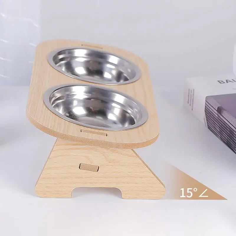 Pet Feeder Raised Cat Bowls 15 Degree Tilted Wooden Stand For Easy Access To Food Suitable For Older Cats