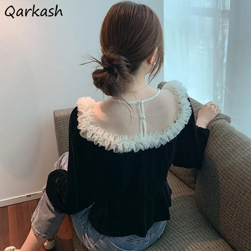 New Mesh Patchwork Blouses Pleuche Women Design Elegant Ruffles Short Outerwear Mujer All-match Sweet Shirts Mature Black Female