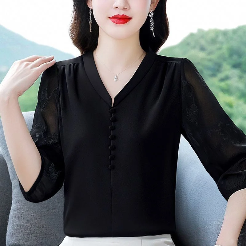 Premium V Neck Blouse Women Mid Sleeve Chic New Chinese Style Top