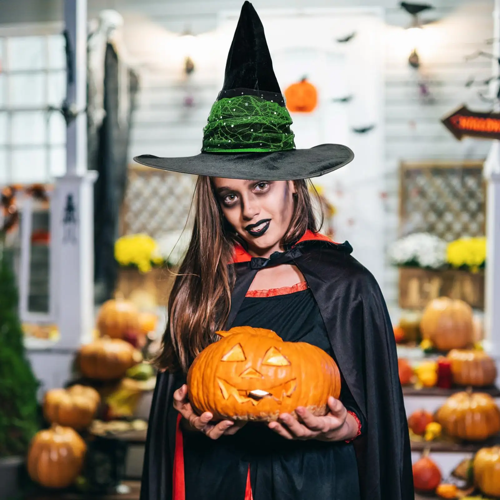 Conjunto de accesorios para disfraz de bruja, sombrero de bruja, guantes verdes para vacaciones, Kit completo de vestir con máscara para ojos para adultos, esposa, madre