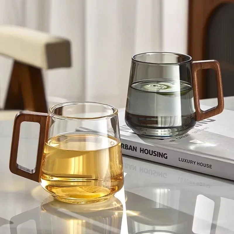 Office household wooden handle Guanshan green tea cup, wholesale, high borosilicate glass cup scented tea green tea bubble