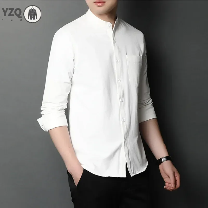 New Men's Standing Collar Casual Shirt Cotton Comfortable Long Sleeved Top