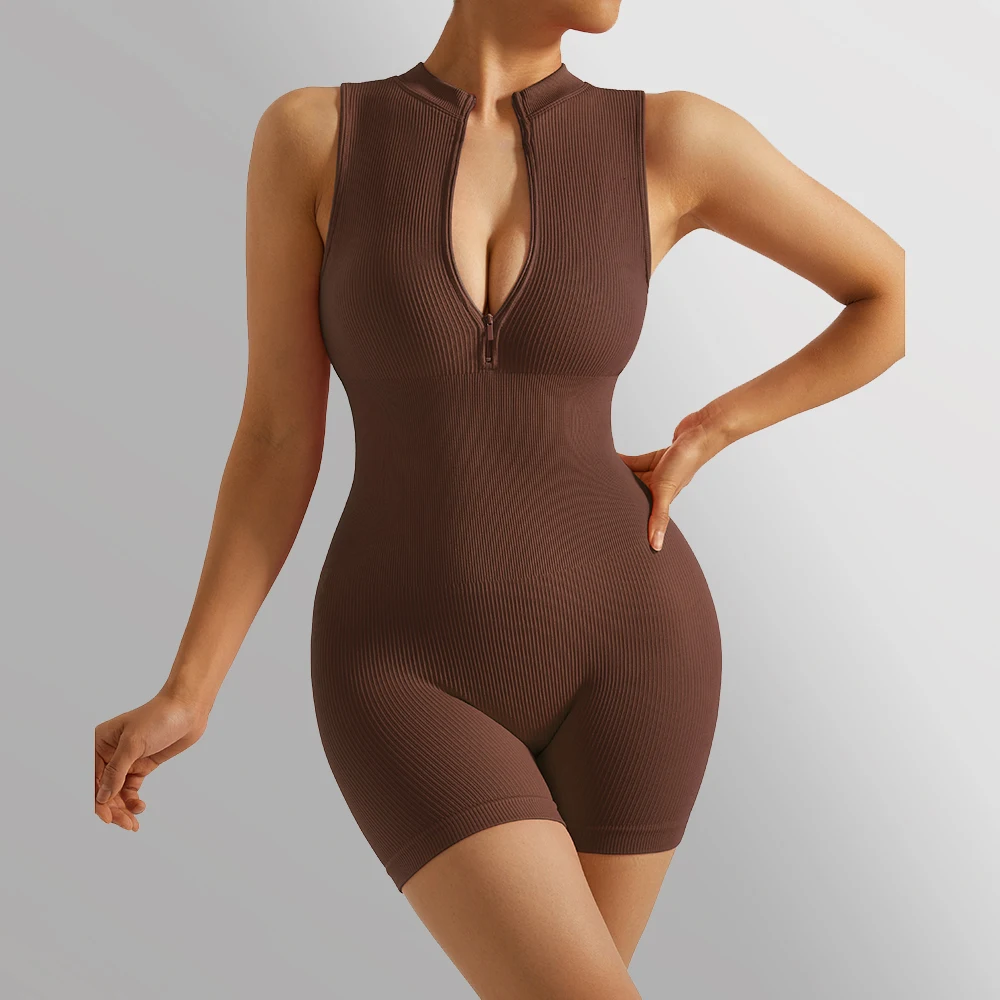 

Sleeveless Fitness Sportswears Women Bodysuit Ribbed Zipper Romper One-Piece Yoga Suits Tracksuits Jumpsuits Women