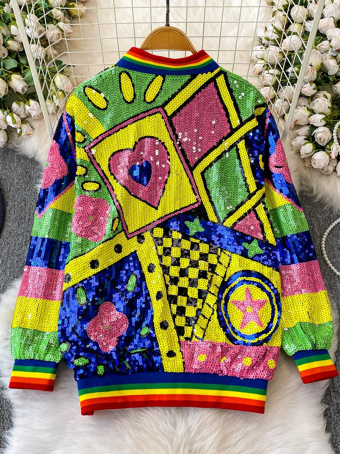 

Ele Sequin Stand Collar Jaet Women's Loose Slimming Autumn Winter Outerwear Commute Sle Long Sve Zipper Closure