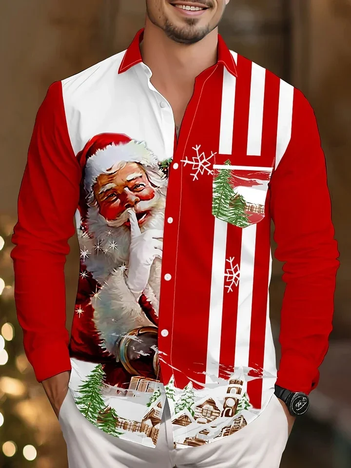 

Men's Shirt 3D Christmas Theme Printing Interesting Striped Long Sleeve Christmas Lapel Shirt Casual Christmas Gift Shirt