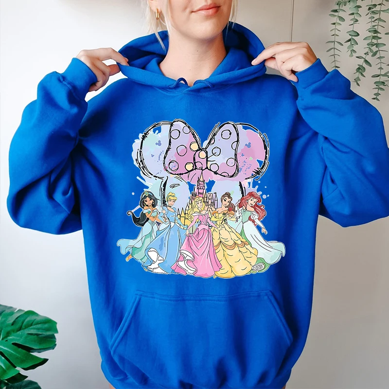 Disney Princesses Minnie Head พิมพ์ผู้หญิง Hoodies เสื้อลําลองหลวมเสื้อกันหนาวผู้ใหญ่เสื้อผ้า