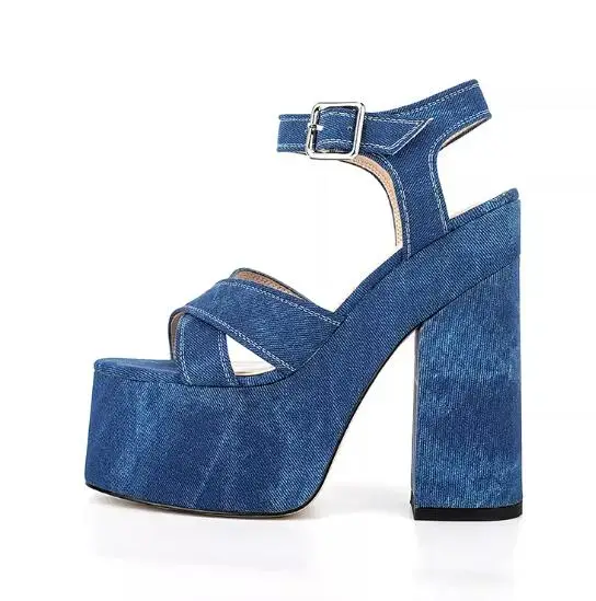 

Carpaton Open Toe Denim Sandals Women Chunky Heels Newest Platform Pumps Blue Ankle Strap Summer Shoes Gladaitor Sandals