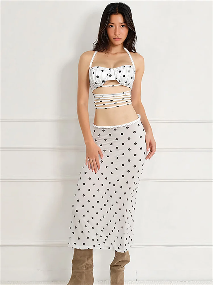 Conjunto de 2 peças de bolinhas sexy Nibber, conjunto de 2 peças para mulheres, trança com faixa oca, camisola + saia média simples, roupa de rua combinando