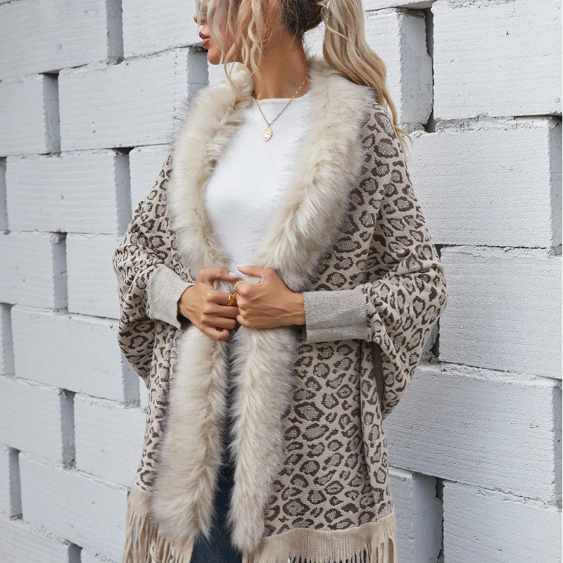 Leopard Print Sweater Autumn and Winter New Style Wool Collar Cardigan Shawl Knitted Jacket