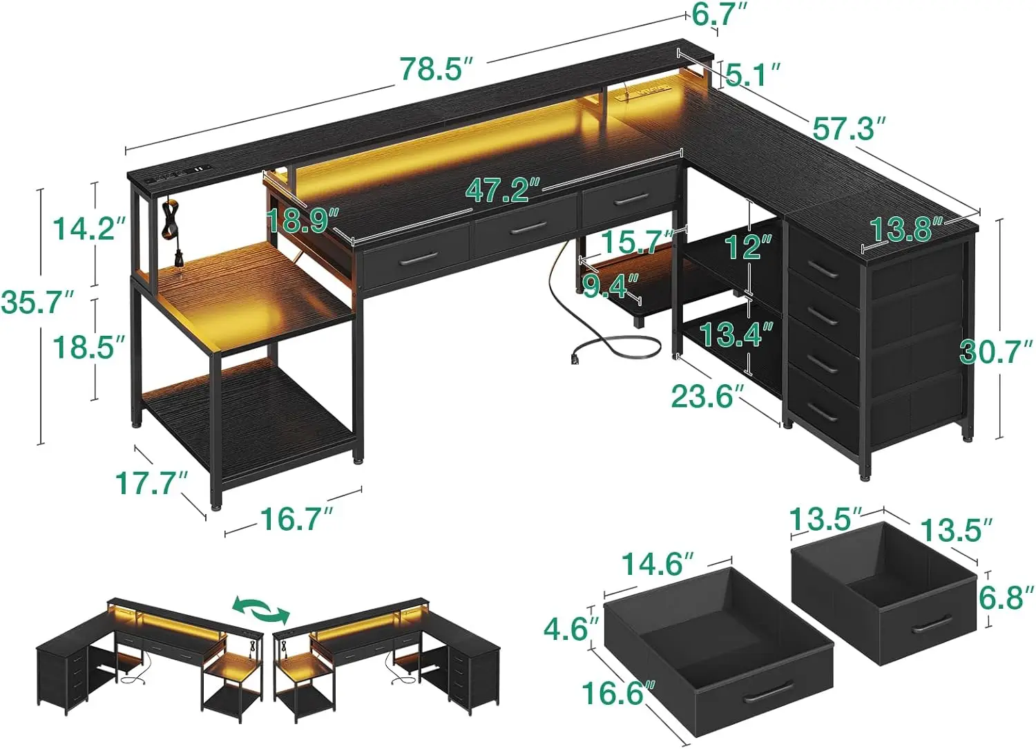 Mesa do computador em forma de L com 2 tomadas elétricas e Display Stand, Home Office Desk com cremalheira de armazenamento