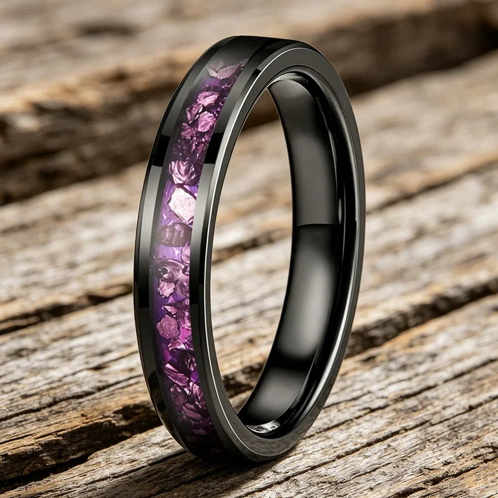 4mm Wolframringe mit Lila Edelstein-Einlage, Modeschmuck, Verlobungs- und Eheringe für Männer und Frauen, Poliert Glänzend, Komfortabler Sitz – Detail 14