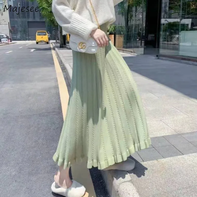 Korean Knitting Midi Skirts for Women Sweet Ruffles Autumn Winter Tender Feminine High Waist A-line Skirt Aesthetic Streetwear