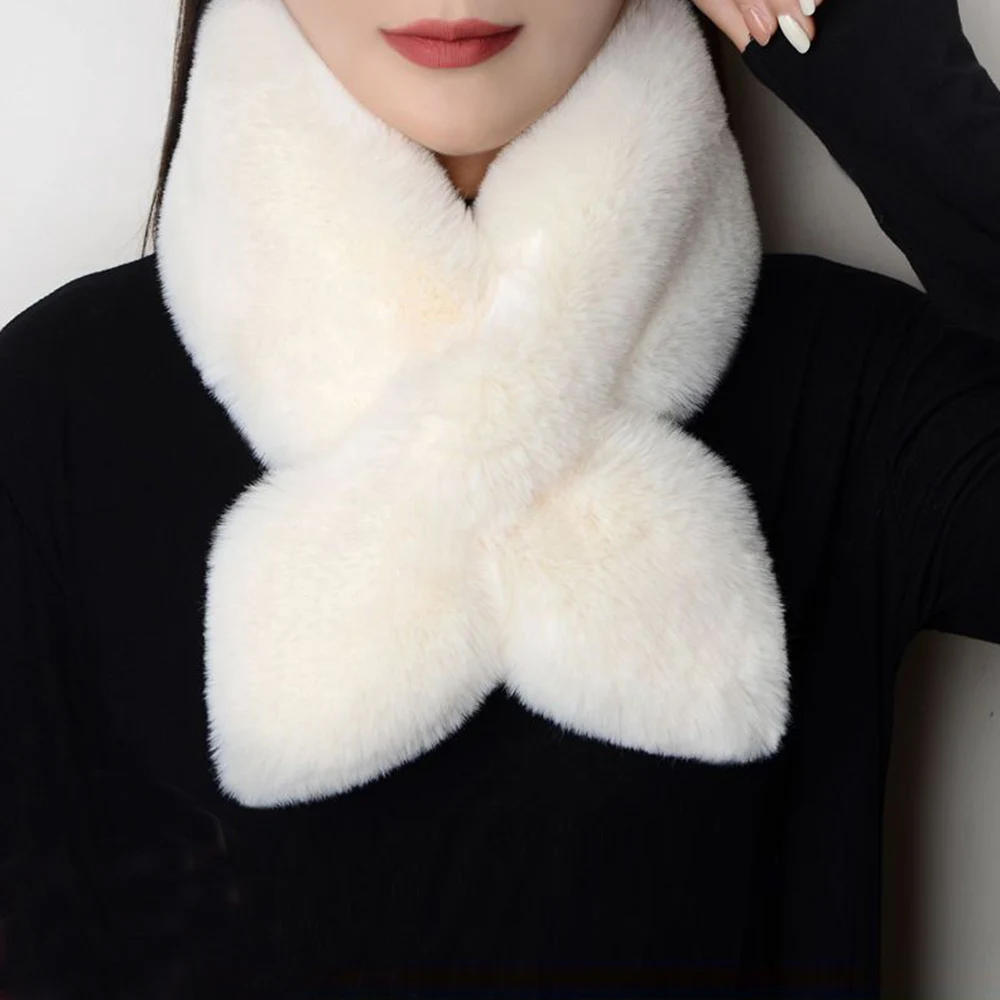 

Winter Thicken Plush Cross Scarf Faux Rabbit Fur Soft Scarves Solid Color Women Cold Protection Neck Warmer Elegant Collar Scarf