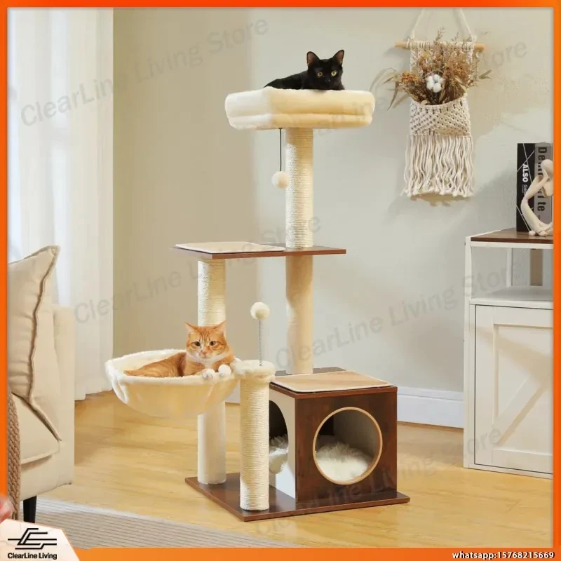 Modern Cat Tree for Indoor Cats Multi-Level Wooden Cat Tower with Cozy Condo Hammock Sisal Scratching Posts Kitten House Cat