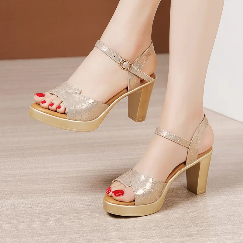 8cm Small Size 32-43 Elegant New Thick Bottom Platform Shoes 2024 Summer Office Ladies Block High Heels Sandals for Model Mom