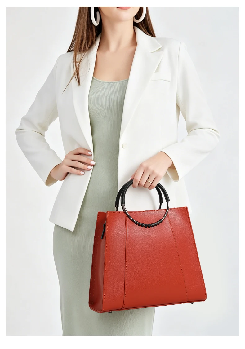 Damen-Handtasche aus Glattleder mit Rundem Ringgriff, Elegante Henkeltasche, Damen-Umhängetasche für Arbeit und Alltag – Detail 3