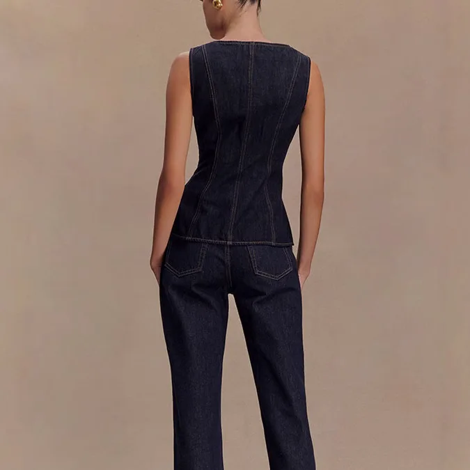 กางเกงยีนส์ฤดูร้อนชุดผู้หญิง 2025 แฟชั่นแขนกุดเดี่ยว Bretted เสื้อกั๊กและเอวสูงกางเกงยีนส์ 2 ชิ้นชุดผู้หญิง