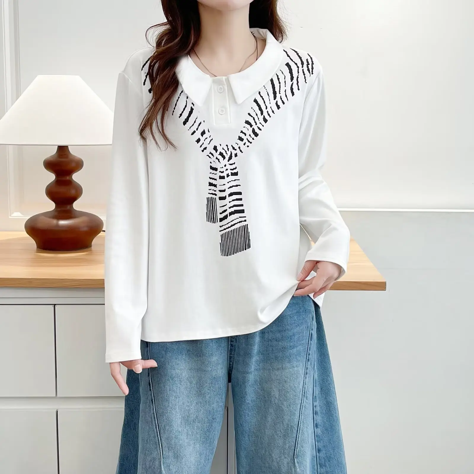 

Fashion Plus Size Women's T-Shirt Autumn Stylish POLO Collar Printed Long Sleeved Top Casual Tees 080