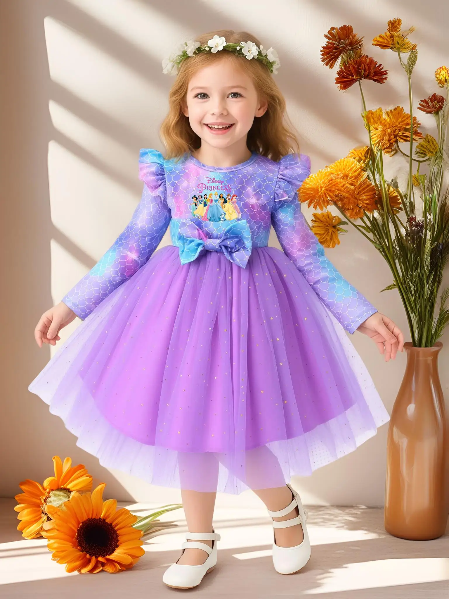 

Snow White Princess Autumn Dress Mermaid Children Birthday Party Girls Colorful Butterfly Dress Kids Long Sleeve Costumes 2-7Y