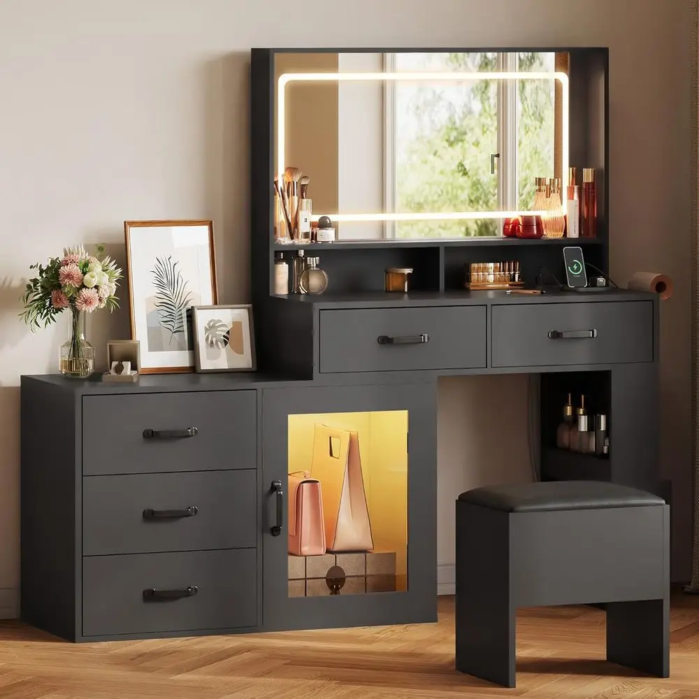 

Vanity Desk with Mirror and Lights, Makeup Table Set with 5 Ders & Cabinet, Vanity Table and Stoage Chair Set with Power Outlet