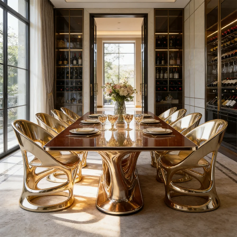 S*-Modern Luxury Dining Table Set Gold Fiberglass Frame Glossy Marble Top Furniture Large Rectangular Desk