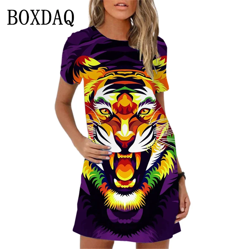 Spring Summer Women Dress 2024 New Animal Pattern Printing Short Sleeve Dress Casual Oversized A-Line Mini Dress Womans