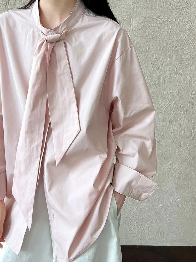 WHTREND Camicia in tinta unita con cravatta design stile coreano per donna 2025 Nuova camicia casual allentata elegante WH1726