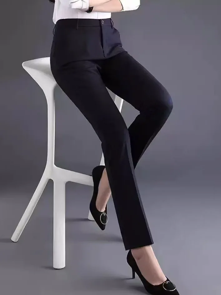 High Waist Women's Suit Pants Elastic Workwear Straight Leg Drapey Formal Trousers Commute Style Polyester Fabric