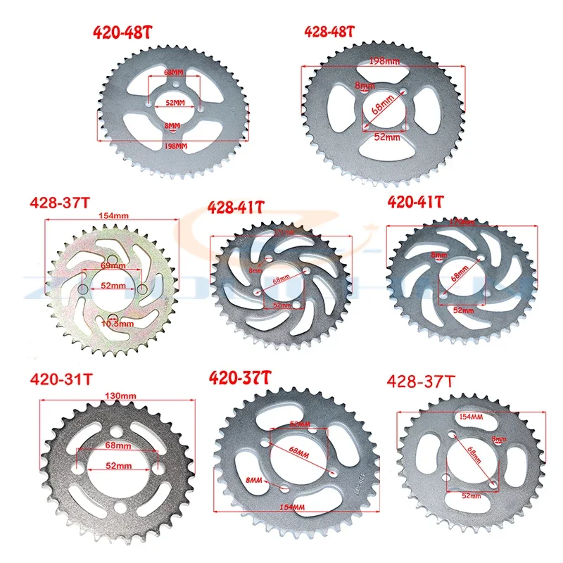 420/428 31T/37T/41T/48T diente de piñón trasero de motocicleta 52mm adecuado para piezas de motocicleta de vehículos todoterreno ATV Quad Pit de China