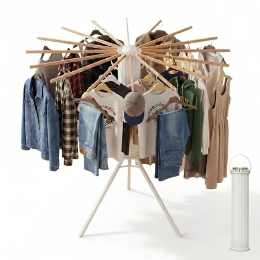 Foldable Wooden Clothes Drying Rack with 16 Rods and 48 Windproof Slots for Indoor Outdoor Use Portable Space-Saving Drying Rac