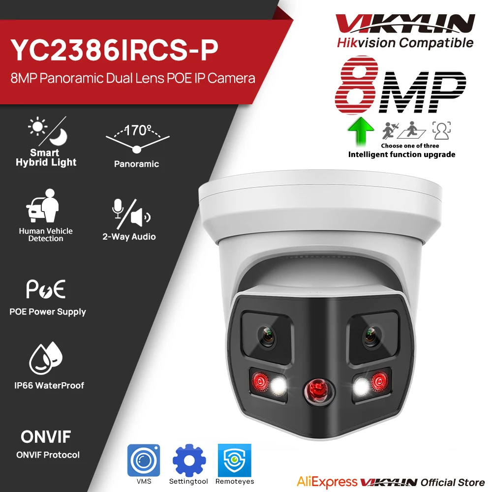 

VIKYLIN Hikvision Compatible 180° Panoramic Camera 8MP Hybrid light MD2.0 2-way Audio video surveillance Sound and light Alarms