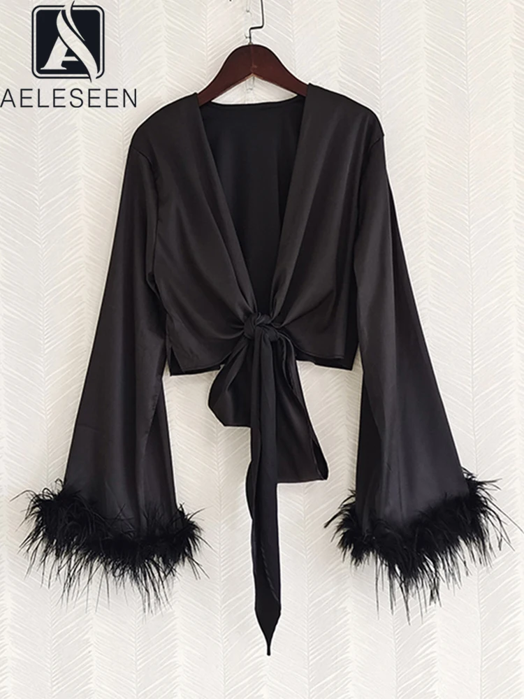 AELESEEN Designer 2022 Spring Summer Sexy Top Women Black Green White Long Sleeve Feathers Patchwork Belt Elegant Holiday Party