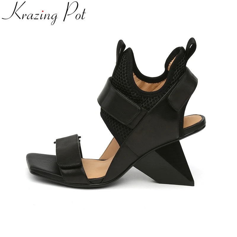 Krazing Pot 2024 Cow Leather Solid Peep Toe Summer Shoes High Heels Strange Style Party Superstar Sweet Nightclub Women Sandals