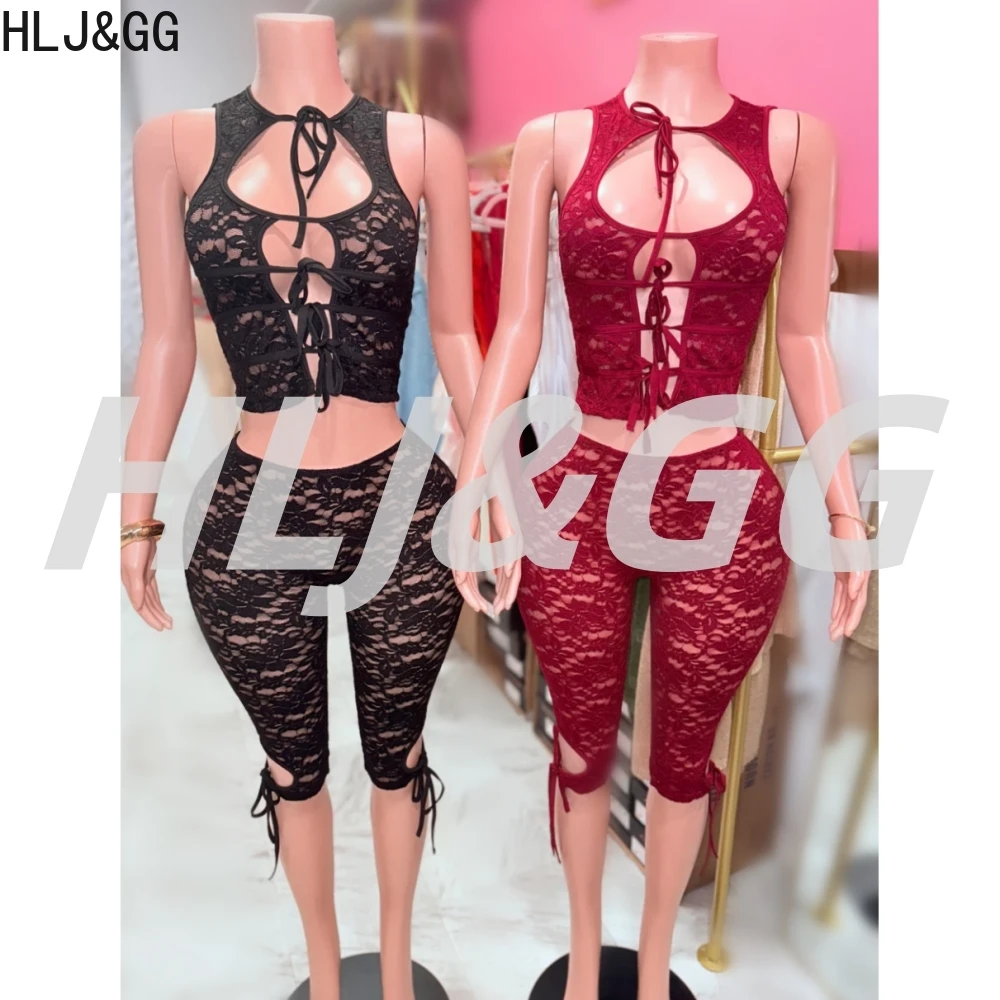 

HLJ&GG Sexy Hollow Out Lace Up See Though Two Piece Sets Women Sleeveless Slim Crop Top And Shorts Outfits Fashion Streeetwear