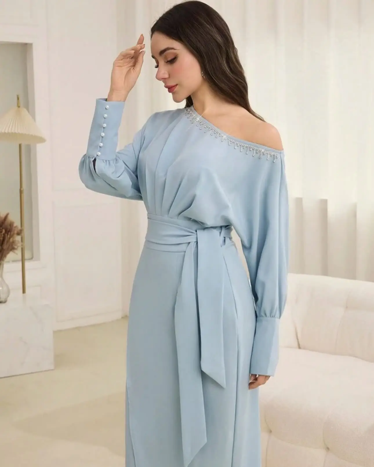 Customized Temperament Jersey Crystal Pearls Buttons Evening Dresses Delicate Long Sleeves Prom Dress Custom Made Part