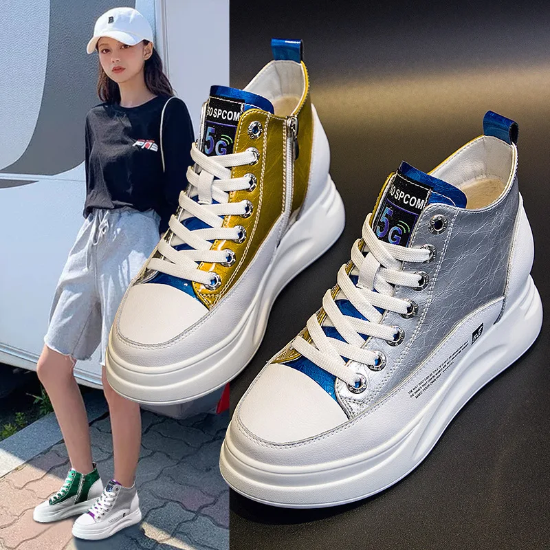 

2025 Spring Autumn New High Top White Shoes for Women Breathable Inner Height Increase Side Zipper Fashionable Casual Board Shoe