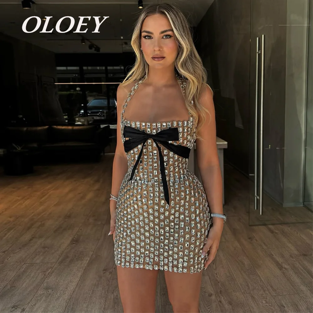 

OLOEY Luxury Crystals Handmade Short Prom Cocktail Dresses Halter Mermaid Party Gowns Illusion Vestidos De Noche Customized