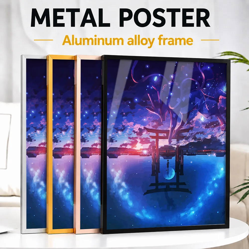 Cosmic Torii Gate And Lanterns Framed Aluminum Metal Poster Customized Neon Style Wall Art For Home Office, Fantasy Fan Gift