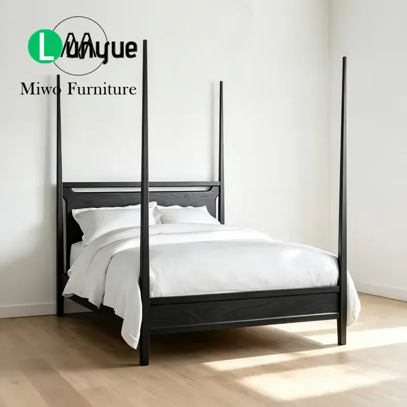 Modern Black Upholstered Double Bed French Retro Four Poster Natural Oak Wood Bedroom Furniture Sturdy Frame Elegant Design