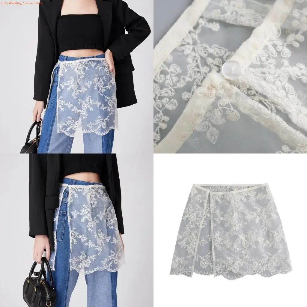 

G92D Women Aesthetic Sheer Embroidery Flower Lace Short Apron Skirt Button Hip Scarf