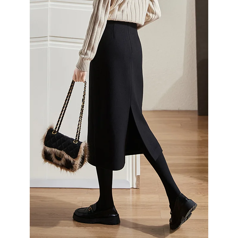 

Новинка 2025, шерстяная женская осенняя универсальная и тонкая утолщенная юбка среднего и длинного размера, юбка с высокой талией и разрезом