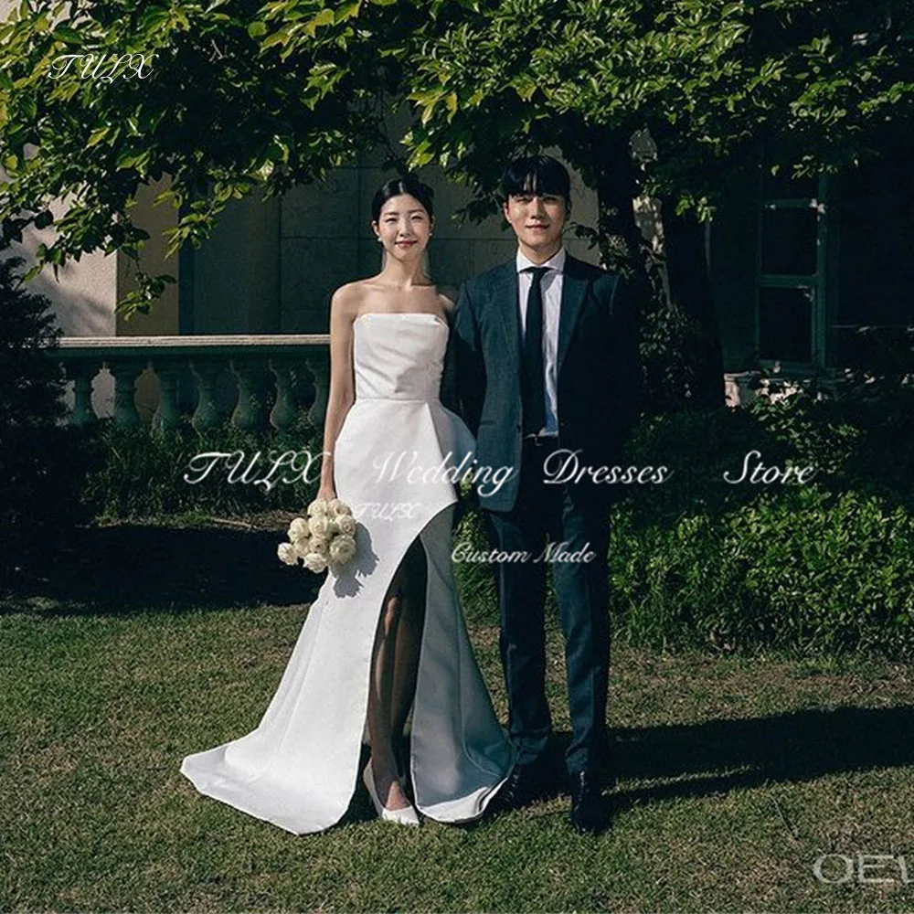 

TULX Elegant Strapless Bow Soft Satin Outdoor Shoot Korea Wedding Dresses Mermaid Long High Slit Women Bridal Gowns Custom Made