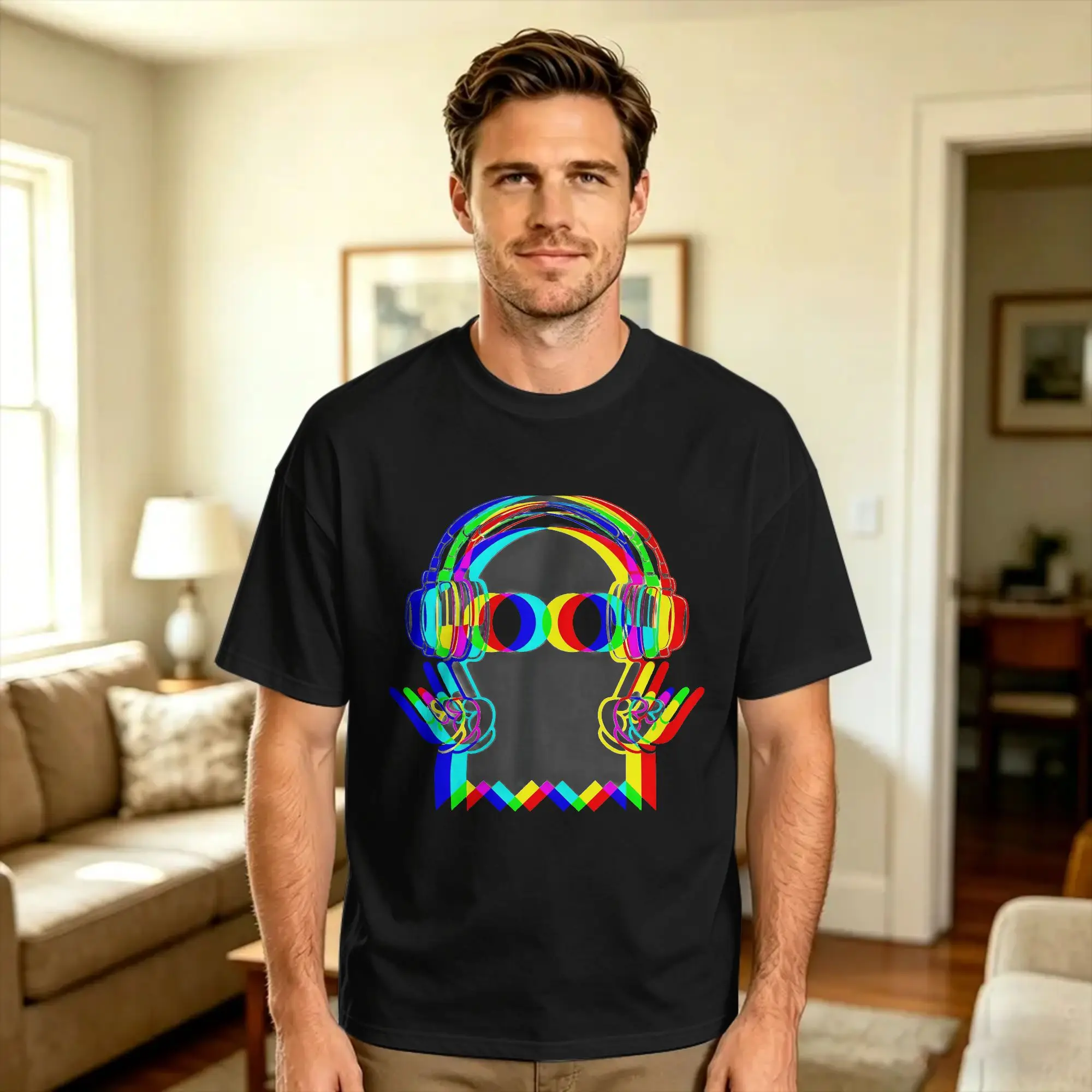 Men Rock On Psychedelic Ghost Headphones Music Trippy Rave Party T Shirts  100% Cotton Tops Summer Short-Sleeved T Shirt