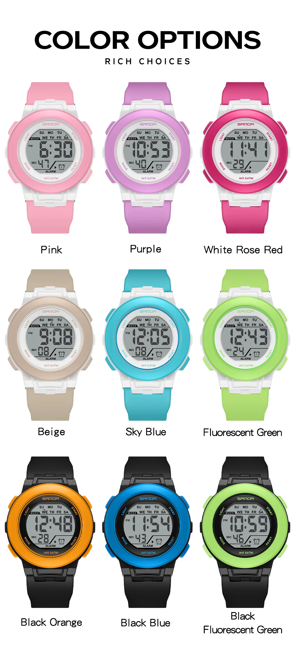 SANDA New 6383 Multifunctional Color Light Watch for High School Students' Sports, Men's and Women's Electronic Watches
