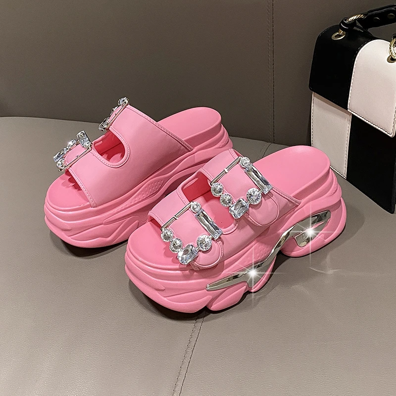 Shiny Rhinestone High Platform Slippers New Women 9CM Heels Leather Chunky Sandals Woman Summer 2023 Thick Bottom Wedges Slides