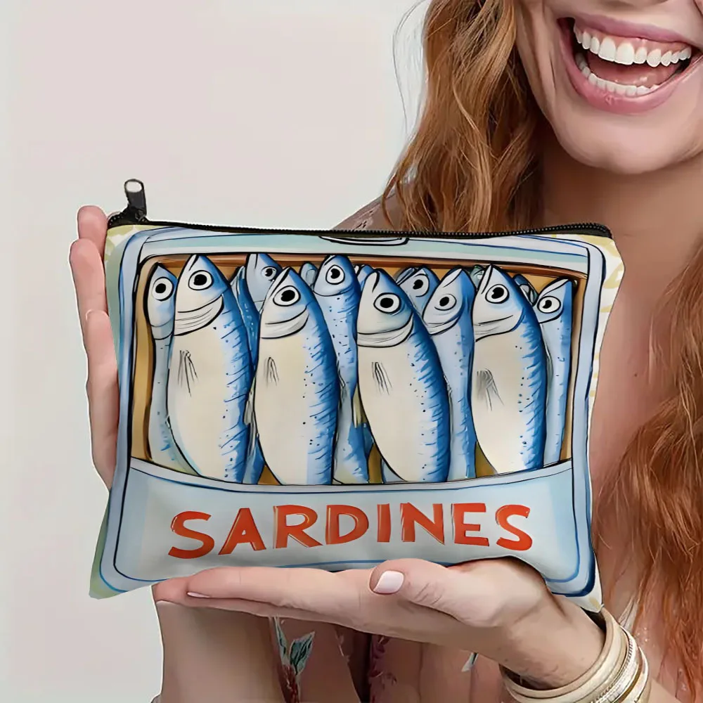 Sardines Tin Mini Cosmetic Bag, Tinned Fish Accessory Clutch, Trendy Sardines Mini Bag, Sardines Zipper Pouch, Retro Pencil Case