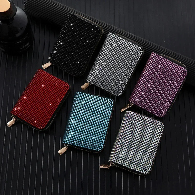 Rhinestone Coin Purse Zipper Wallet Women Short Mini Card Holder Luxury Badge Holder Large Capacity Multi-Card ID Holder