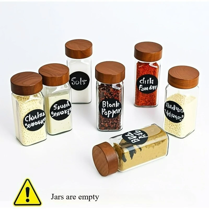 برطمانات توابل زجاجية مع ملصق مع أغطية خشب السنط، زجاجات توزيع زجاجية محكمة الغلق، زجاجات فارغة شفافة، منظم توابل