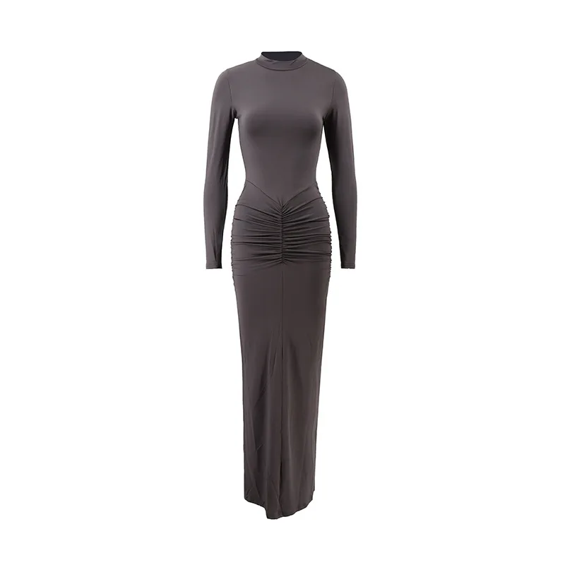 Women's Autumn Solid Long Sleeve Maxi Dress High Waist Slim Round Neck Party Dress Winter 2025 Classic Skinny Stretch Long Robe - view 5