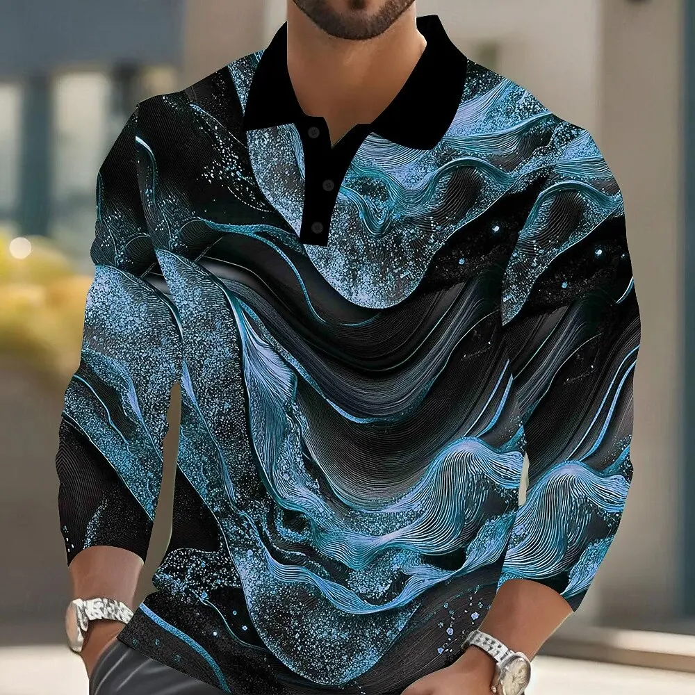 Men's Designer Fluid Wave Polo – Contrast Collar Swirl Print Top for Date Nights, Social Events & Street Fashion